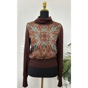 Etro Milano Brown Wool Silk Inset Paisley Turtleneck Sweater Knit Top Preppy L
